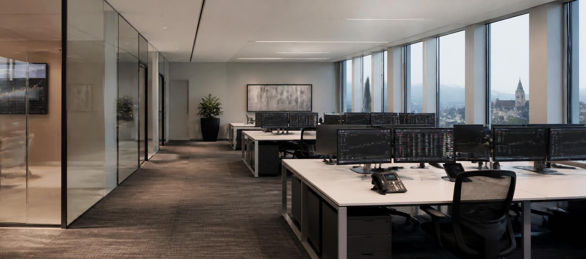 Modern seventh-floor trading office in Zürich with daylight and glass walls